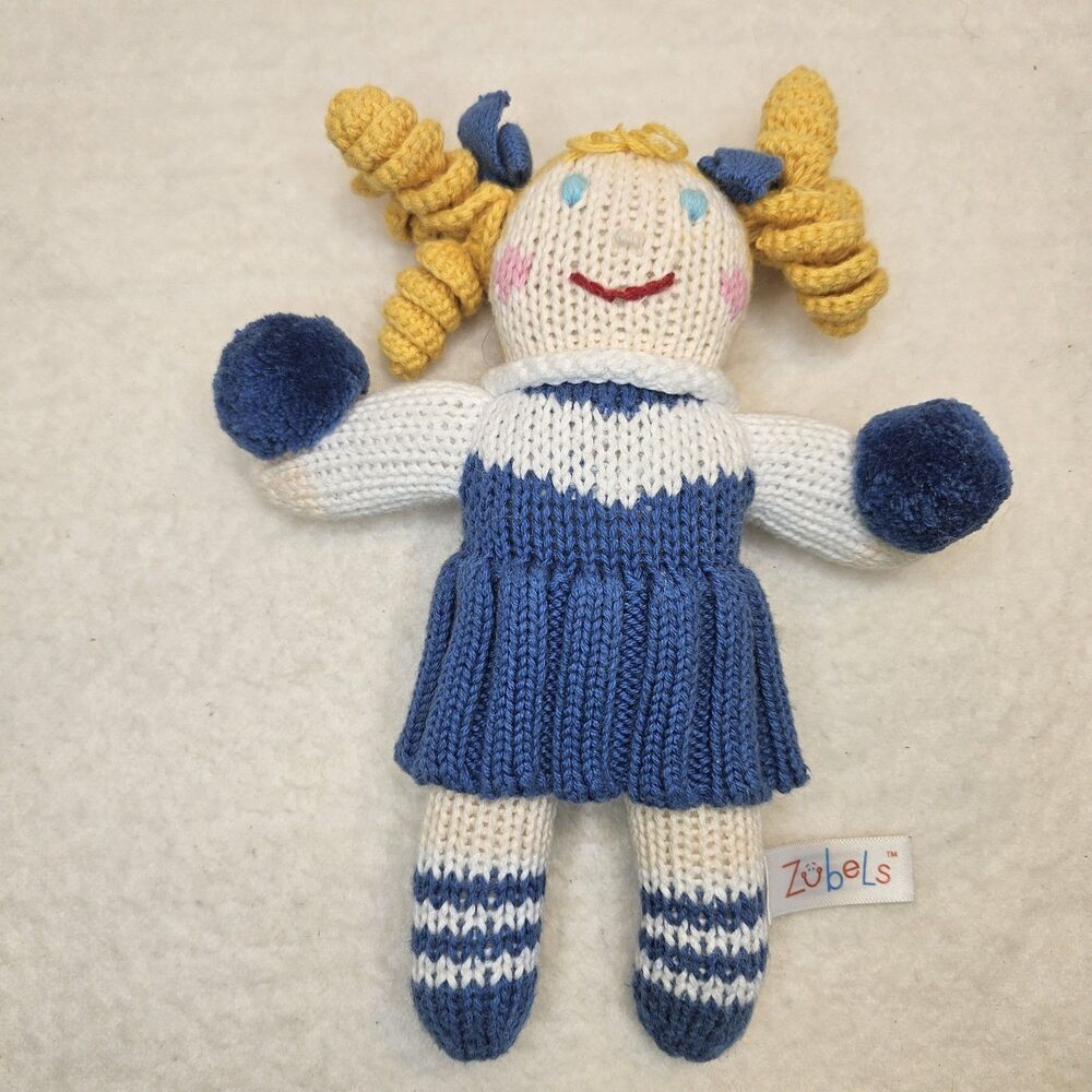 Zubels Baby Girls Hand Knitted Cheerleader Doll Blue New Rattles